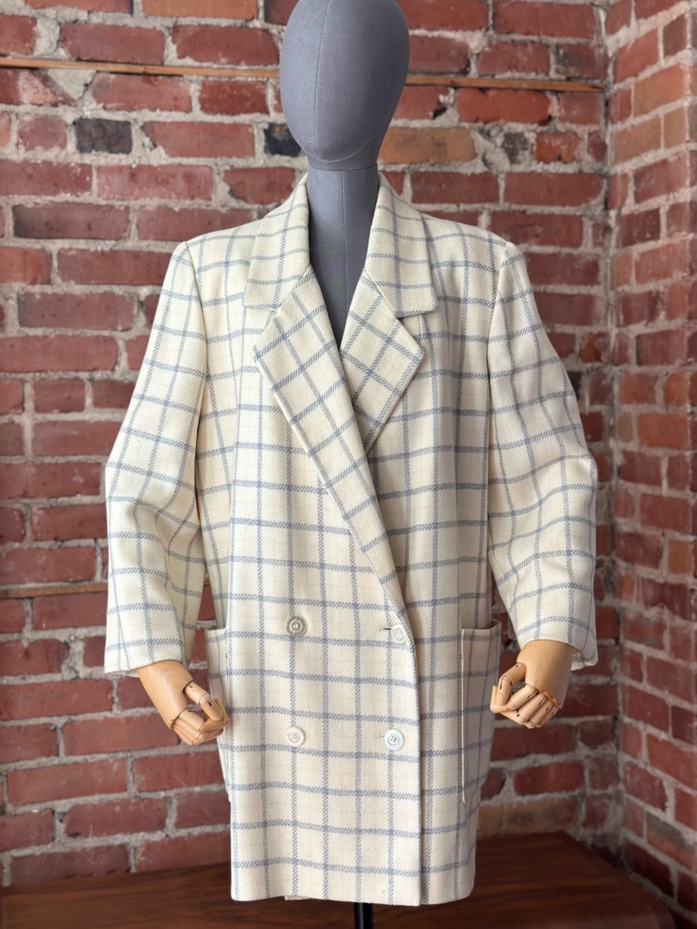 Vintage 90s 100% Wool Plaid Blazer Coat – Ivory & Gray Double Breasted